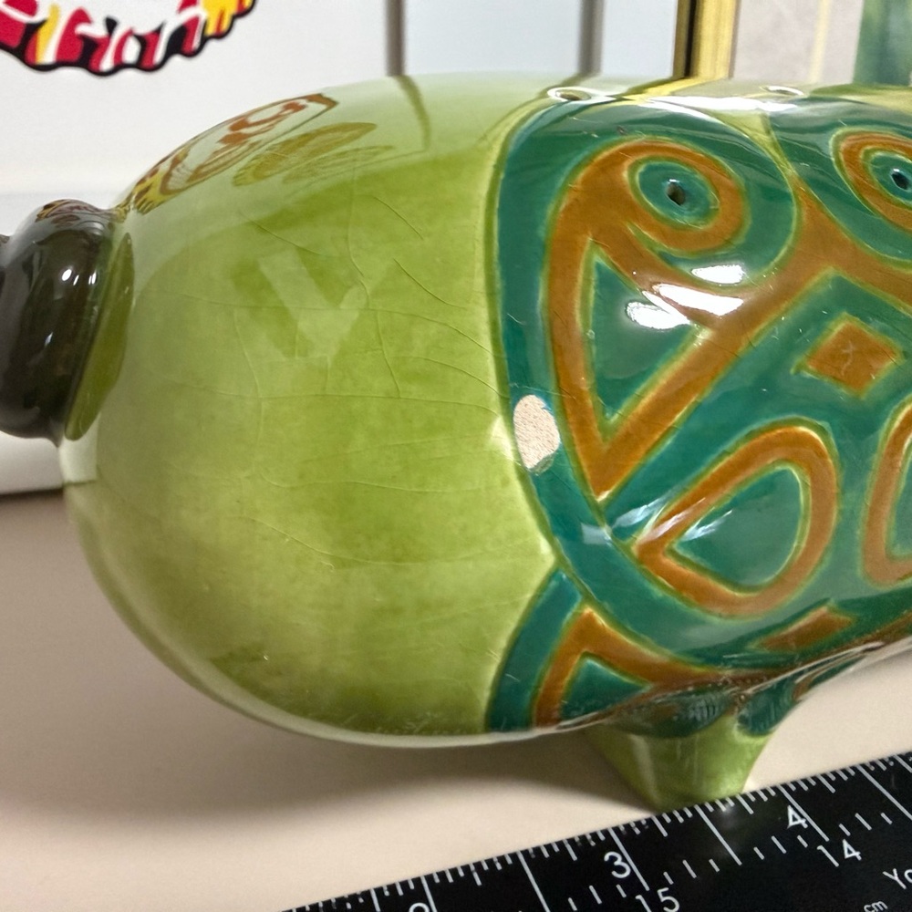 Green Ceramic Decorative Pig Figurine with Teal Accents - Picture 9 of 16